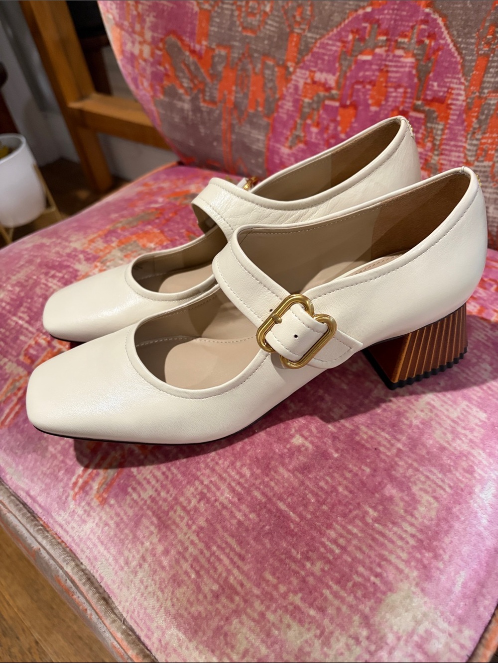 Sam Edelman Cream Mary Jane Pumps with Gold Buckle - Picture 4 of 8